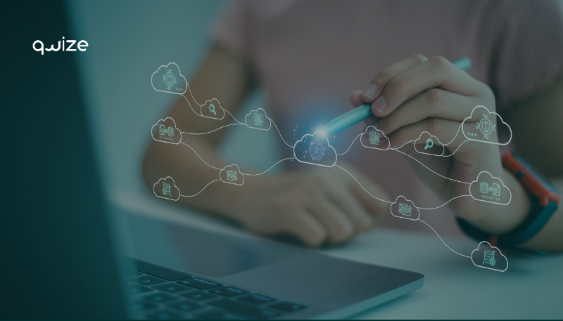 Ilustração de nuvens de dados e servidores flutuantes interconectados com ícones de IA para artigo sobre inovações e desafios na cloud computing.